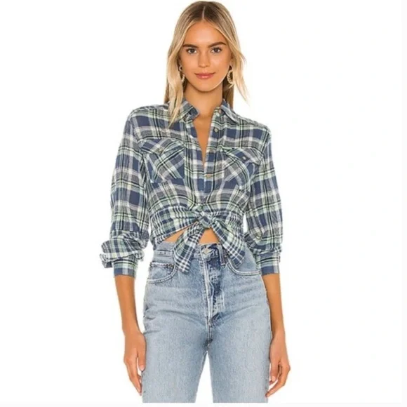 Free People First Bloom Plaid Top Blue Size XS Retails $78 - Picture 2 of 10